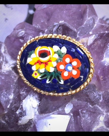 Vintage 1960s Italy Micro Mosaic glass brooch gold