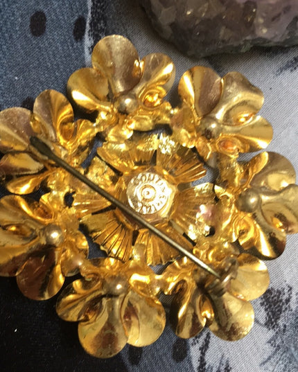 VTG 1960s Continental yellow flower gold brooch