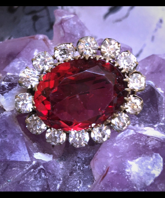 Victorian Antique Ruby red Crystal glass brooch