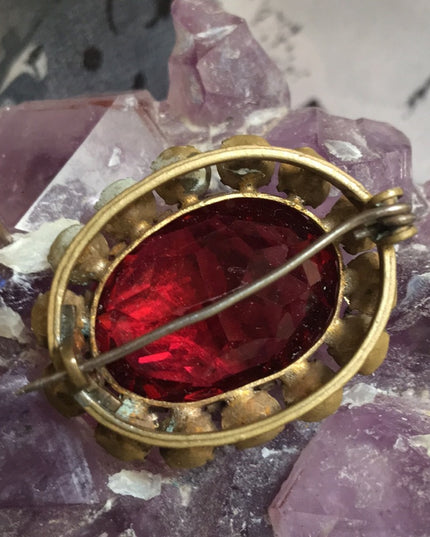 Victorian Antique Ruby red Crystal glass brooch