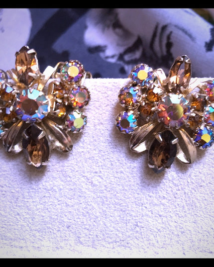 Vintage Crystal clip on earrings brown earth tones