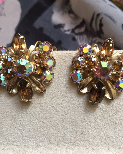 Vintage Crystal clip on earrings brown earth tones