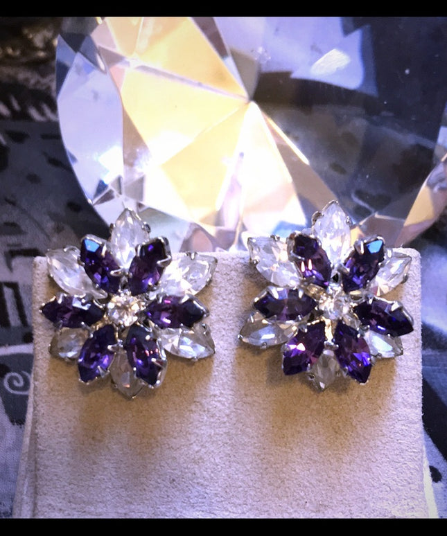 VTG 1950s Austria Crystal purple clear clip ons Fancy party earrings