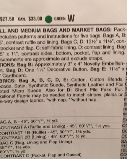 Vogue sewing pattern Market Bags NEW