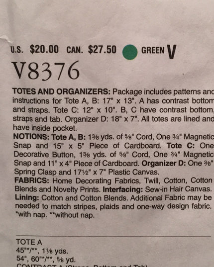 Vogue sewing pattern Totes & organizers NEW