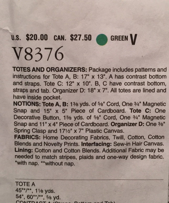 Vogue sewing pattern Totes & organizers NEW