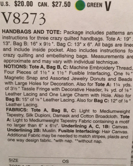 Vogue sewing pattern bags & totes  NEW
