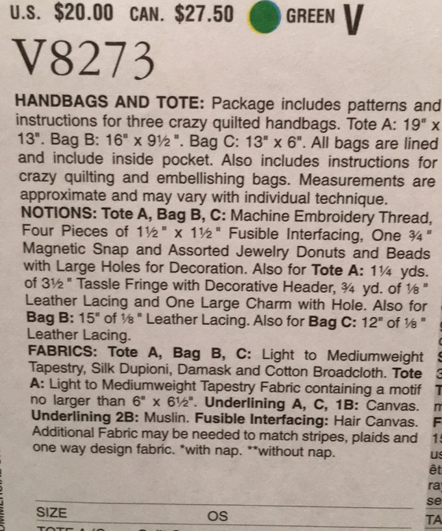 Vogue sewing pattern bags & totes  NEW