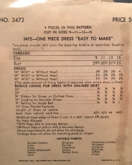 Vintage 1952 Vogue Sewing pattern party dress EASY