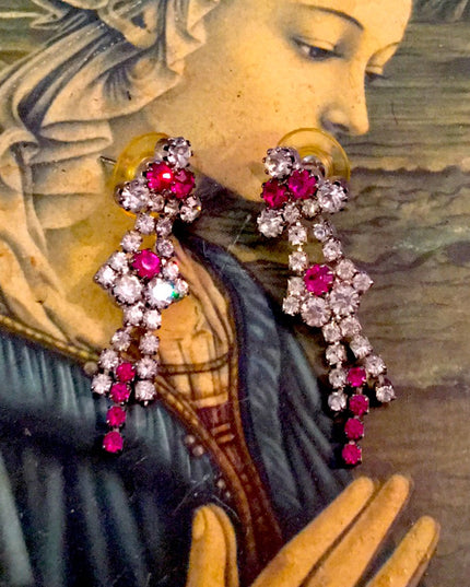 VTG pink clear crystal pierced earrings