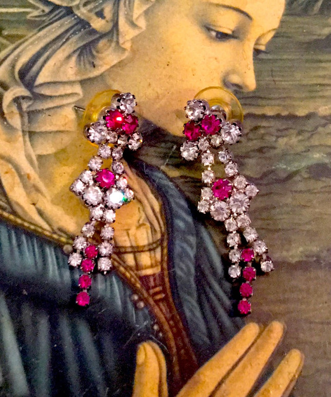 VTG pink clear crystal pierced earrings