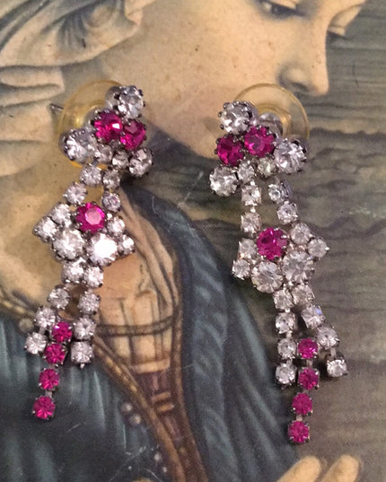 VTG pink clear crystal pierced earrings