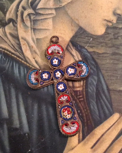 VTG Italian Glass mosaic cross pendant Brass