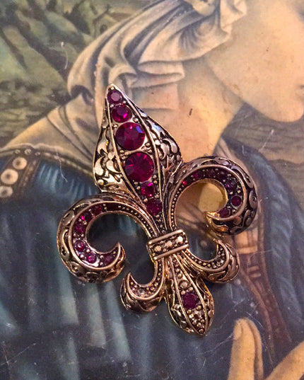VTG Le fleur Gold red cryatal brooch