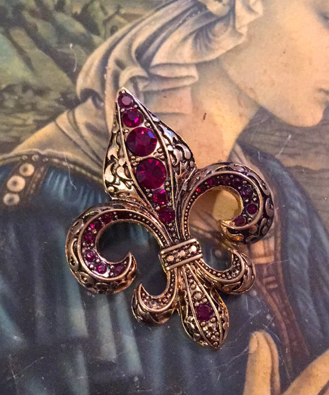 VTG Le fleur Gold red cryatal brooch