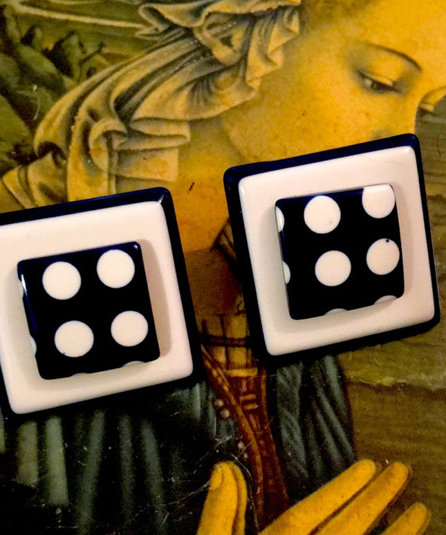 VTG blue white polka dot square pierced earrings