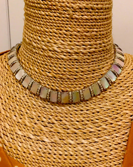 Vintage 1960s Abalone Crystal silver finish choker cleopatra necklace