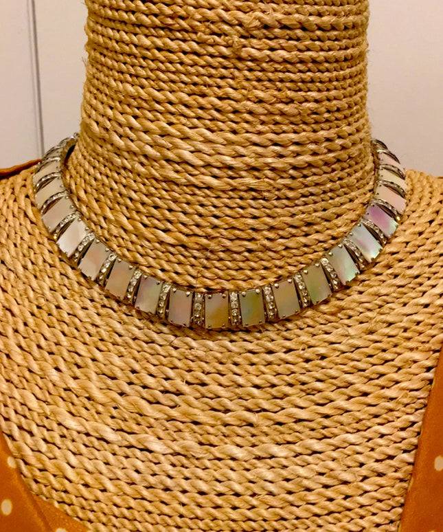 Vintage 1960s Abalone Crystal silver finish choker cleopatra necklace