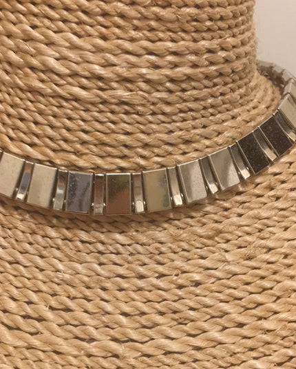 Vintage 1960s Abalone Crystal silver finish choker cleopatra necklace
