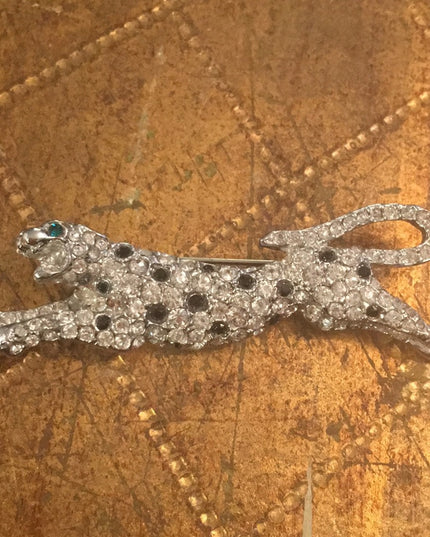 Vintage silver tone cougar crystal brooch