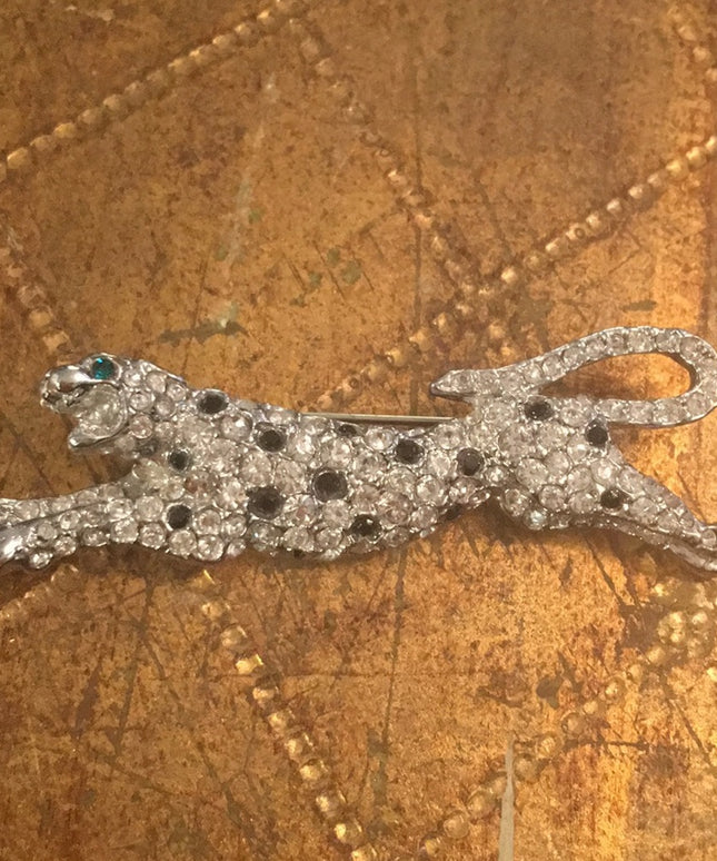 Vintage silver tone cougar crystal brooch