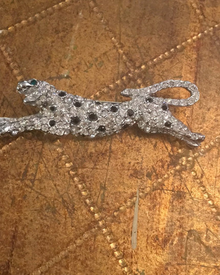 Vintage silver tone cougar crystal brooch