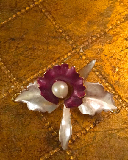 Vintage flower brooch enamel Orchid gold tone