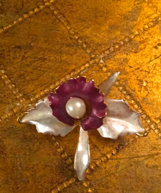 Vintage flower brooch enamel Orchid gold tone