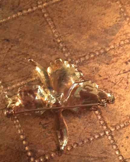 Vintage flower brooch enamel Orchid gold tone