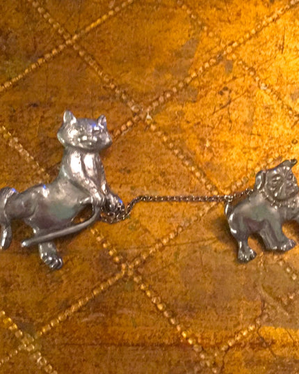 Pewter Cat & Dog sweater brooch clip 1990