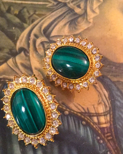 VTG Malachite crystal gold tone clip on earrings Butler FAC