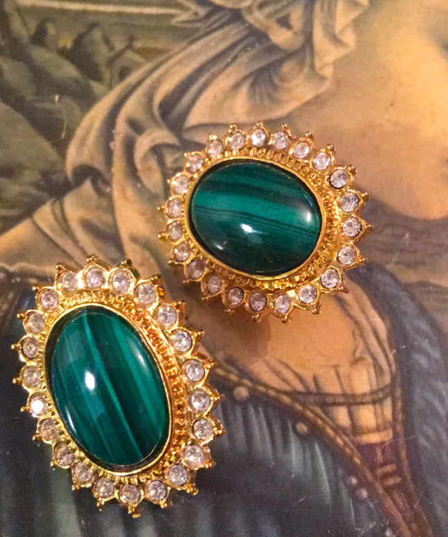 VTG Malachite crystal gold tone clip on earrings Butler FAC