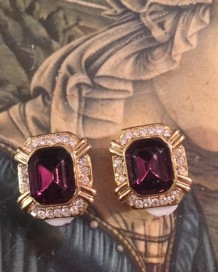 Vintage purple crystal Gold tone clip on earrings