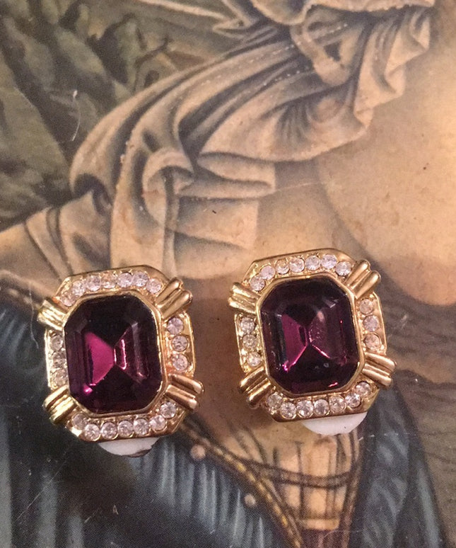 Vintage purple crystal Gold tone clip on earrings