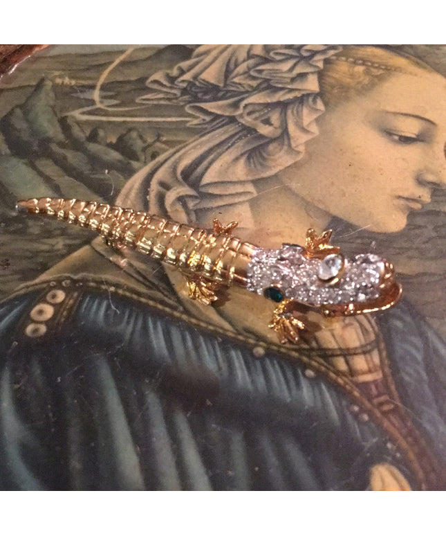 Vintage crystal gold tone aligator brooch