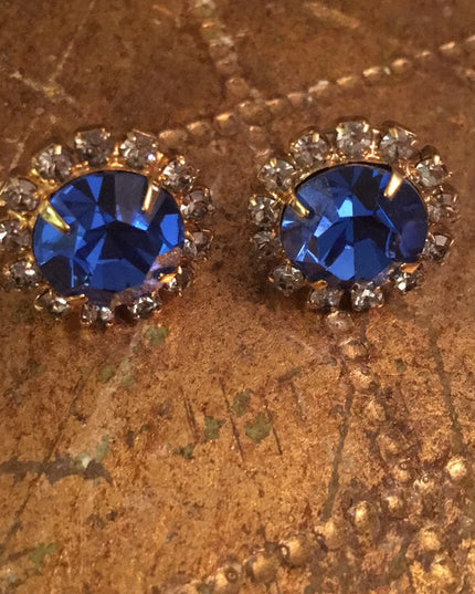 Vintage gold tone blue crystal pierced earrings