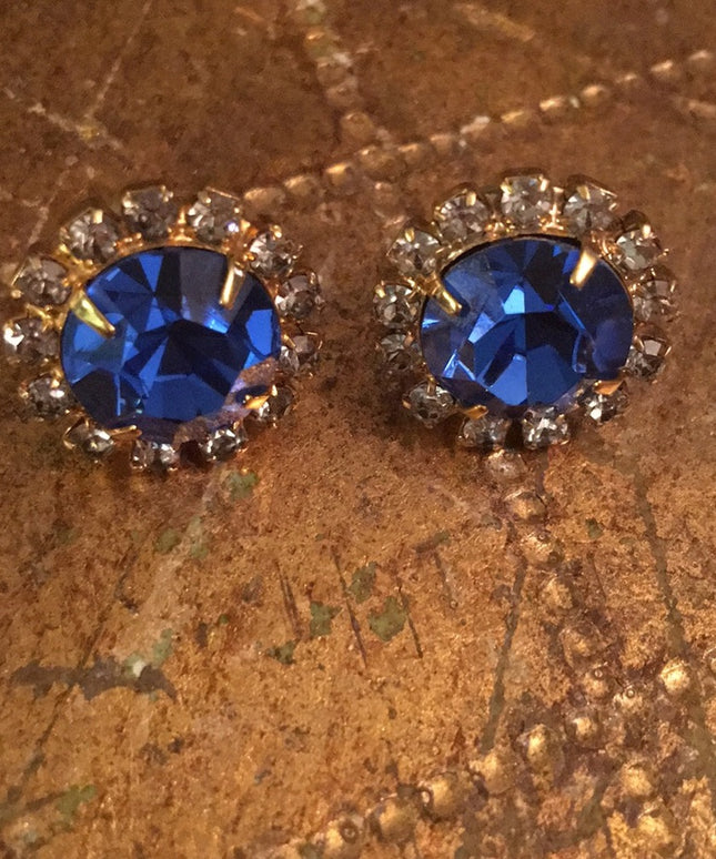 Vintage gold tone blue crystal pierced earrings