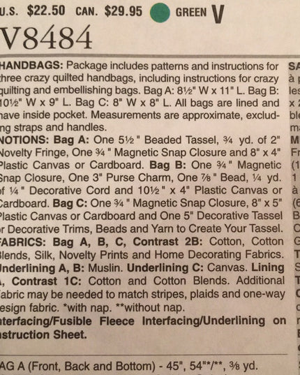 Vogue Sewing pattern UNCUT bags purse