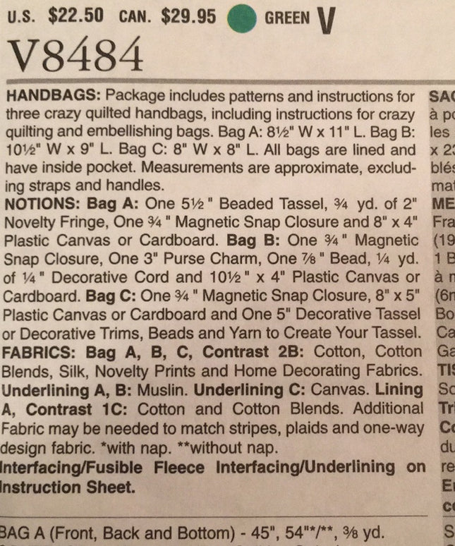 Vogue Sewing pattern UNCUT bags purse