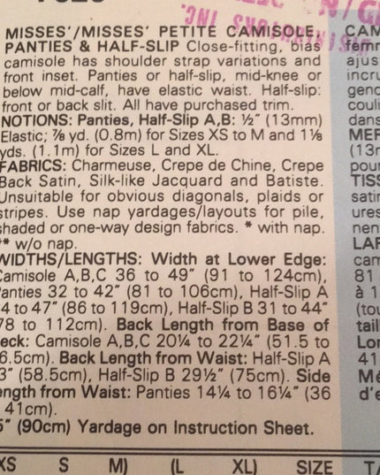 Vogue UNCUT Sewing pattern Camisole Slip panties