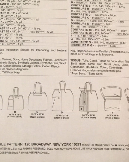 Vogue UNCUT sewing pattern Purses Bags