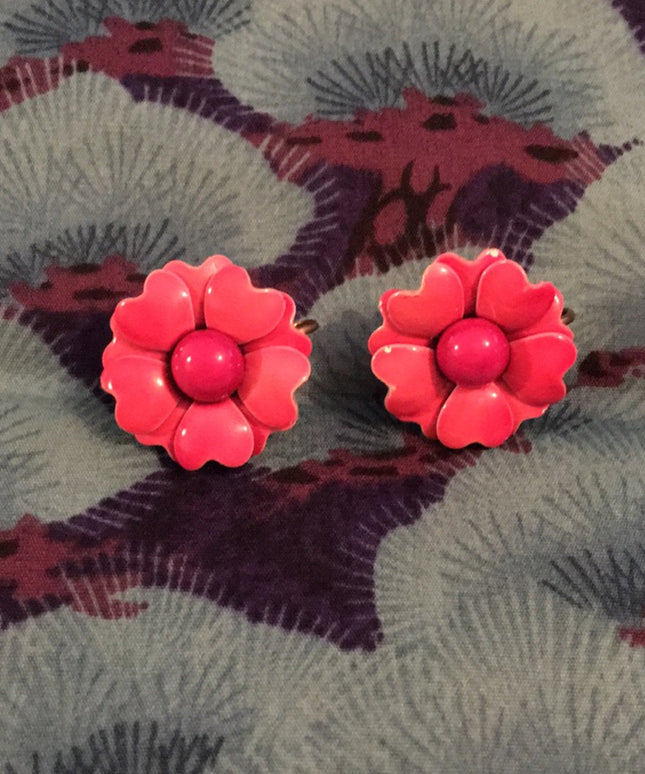 Vintage pink metal flower clip on earrings