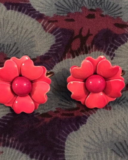Vintage pink metal flower clip on earrings