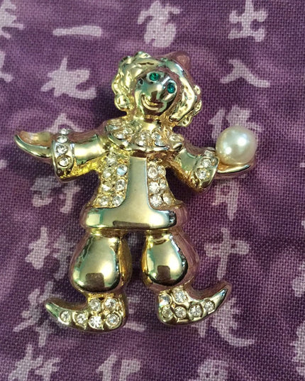 Vintage Gold tone clown juggler crystal pave brooch