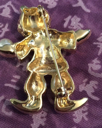 Vintage Gold tone clown juggler crystal pave brooch