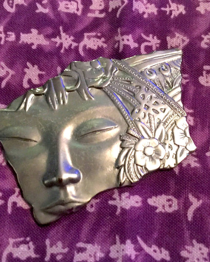 Vintage Silver tone Heavy Lady face brooch flower etched