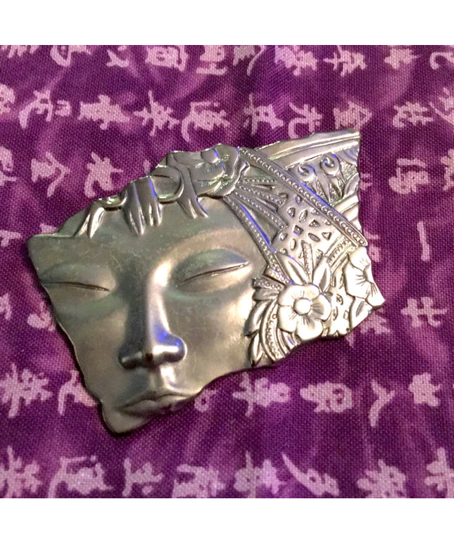 Vintage Silver tone Heavy Lady face brooch flower etched