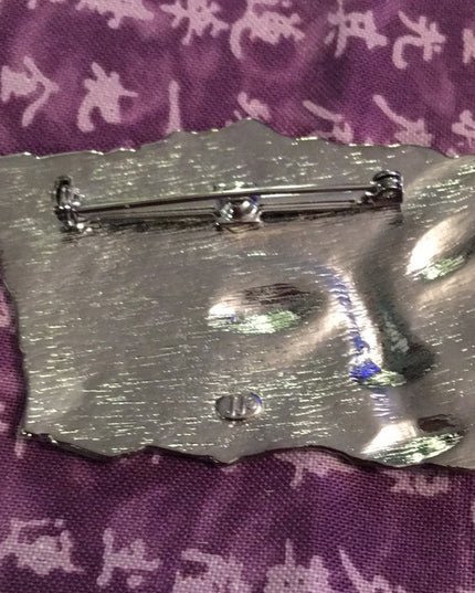 Vintage Silver tone Heavy Lady face brooch flower etched