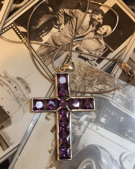 💗 Sterling silver purple crystal amethyst LG Cross necklace rope