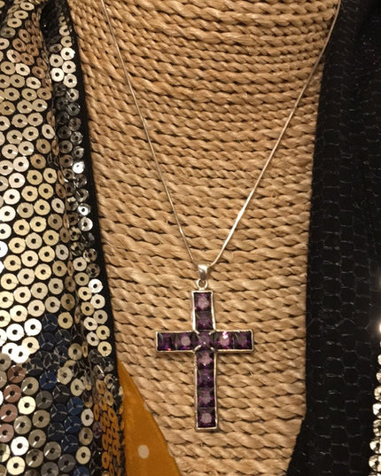 💗 Sterling silver purple crystal amethyst LG Cross necklace rope